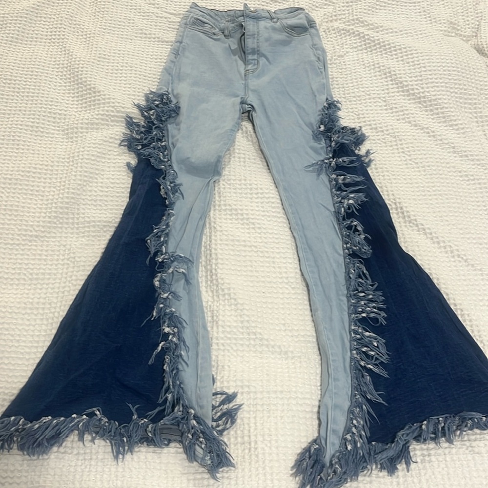 flared purple candy jeans with fringe